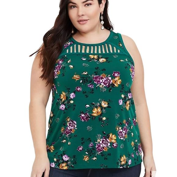 Torrid Green Floral Strappy Cut Out Tank Womens size 00 M/L - Picture 1 of 14